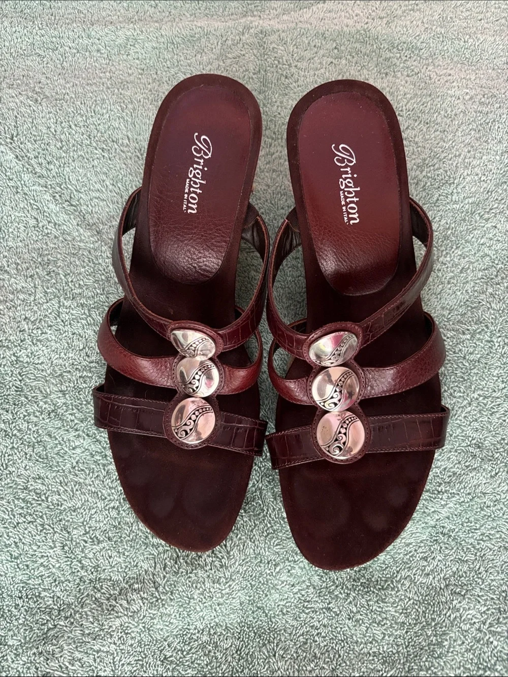 Brighton Women's Burgundy Triple-Button Leather Wedges